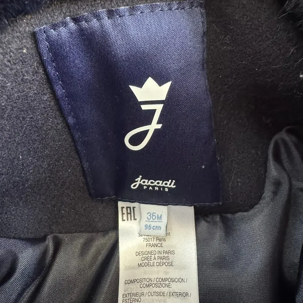 Jacadi Paris Girls Wool Blend Winter Coat with Faux Fur Collar in Blue